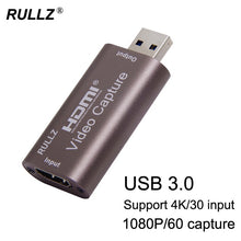 Load image into Gallery viewer, Rullz Video Capture Card USB 3.0 2.0 HDMI Video Grabber Record Box fr PS4 Game DVD Camcorder HD Camera Recording Live Streaming
